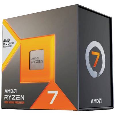 De verpakking van een AMD Ryzen 7 processor uit de 7000-serie met AMD 3D V-Cache technologie. Getoond wordt het processor-logo en het oranje design.
