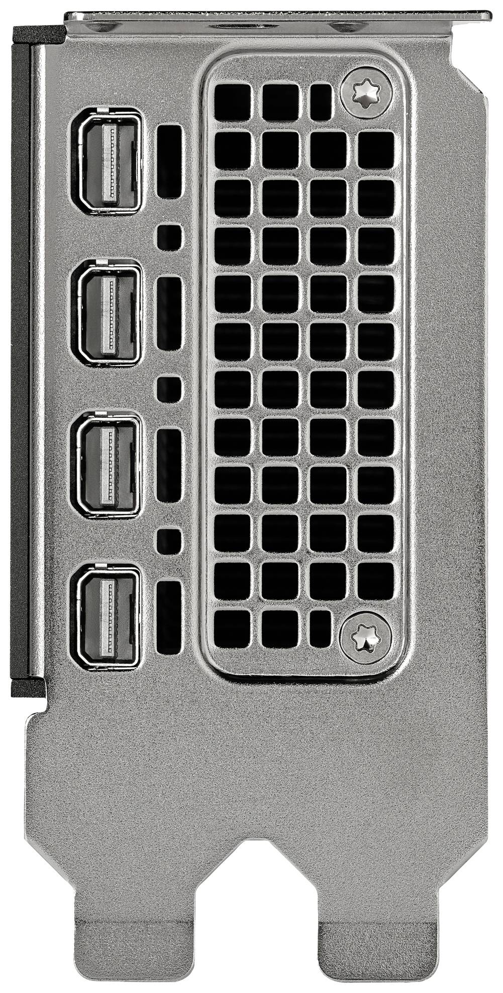 De afbeelding toont de achterkant van een videokaart met vier DisplayPort-aansluitingen en een geventileerd rooster voor warmteafvoer.