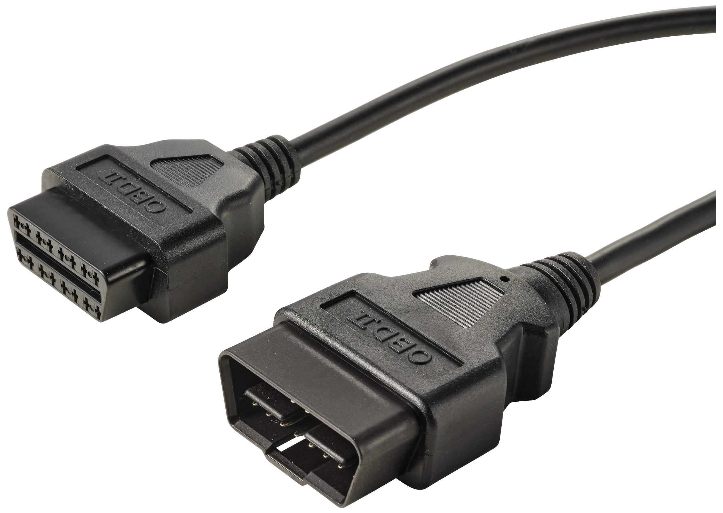 Twee zwarte OBD-II-stekkers met kabels die worden gebruikt voor diagnose van voertuigelektronica. Ze zijn zo gepositioneerd dat de pinnen zichtbaar zijn.