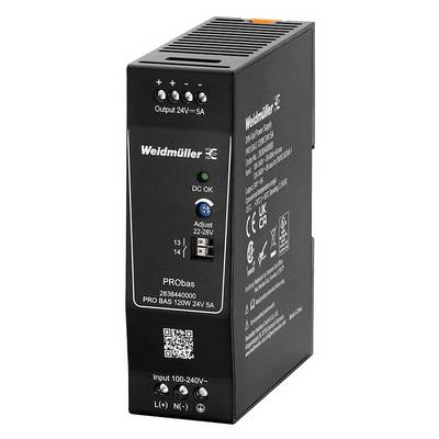 Weidmüller PRObas voeding, 24V uitgang, 5A, ingang 100-240V. Zwart, rechthoekig apparaat met LED-indicatoren en aansluitklemmen.