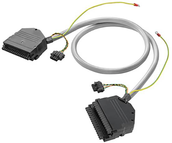 Een grijze kabel met twee rechthoekige aansluitingen en gekleurde draden, toont een verbindingsoplossing voor elektronische apparaten.
