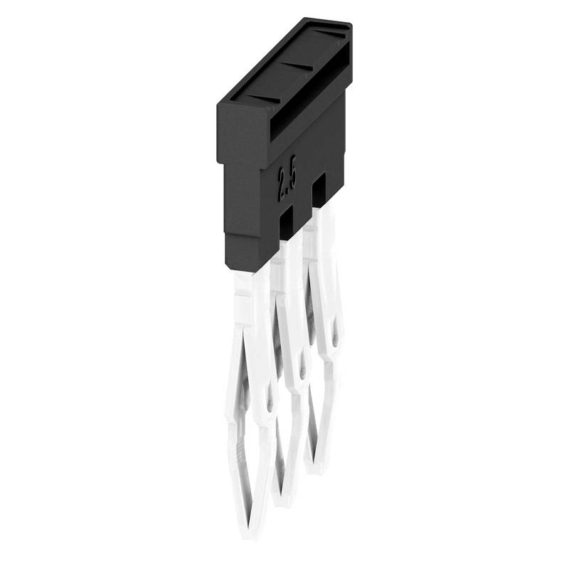 Een zwarte elektrische connector met vier metalen pinnen, gebruikt voor elektronische verbindingen in apparaten.