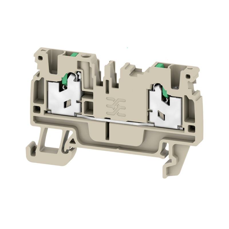 Een elektrische aansluitblok in grijs, met groene accenten; dient voor het verbinden en organiseren van elektrische kabels in schakelkasten.