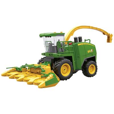 Groene maaidorsmachine-speelgoed met gele accenten en zes oogstelementen aan de voorkant, gele stortpijp bovenaan, tegen een witte achtergrond.