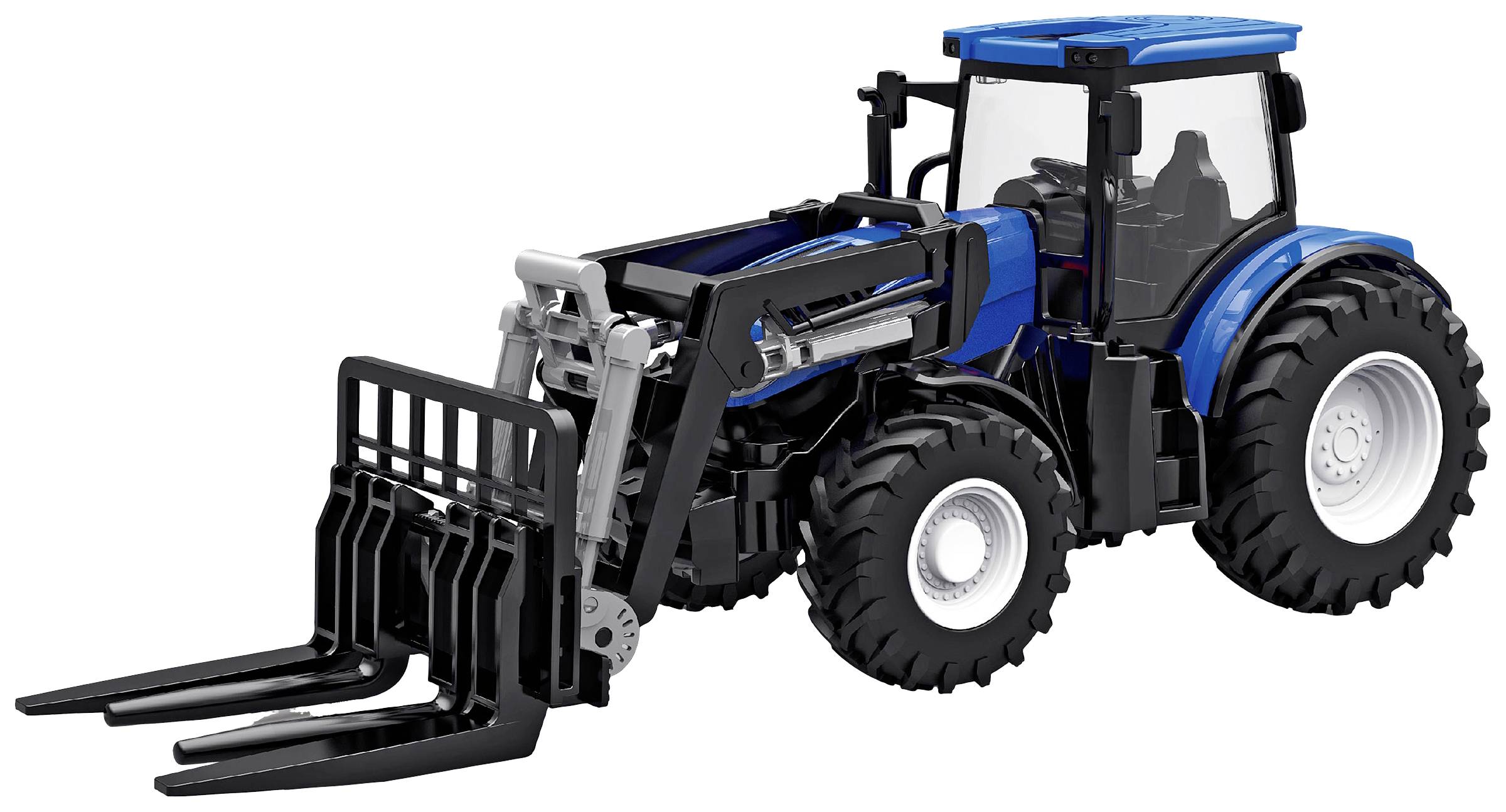 Blauwe speelgoedtractor met frontlader en vorkopzetstuk. Geschikt voor kinderspel of als verzamelmodel.