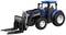 Blauwe speelgoedtractor met frontlader en vorkopzetstuk. Geschikt voor kinderspel of als verzamelmodel.