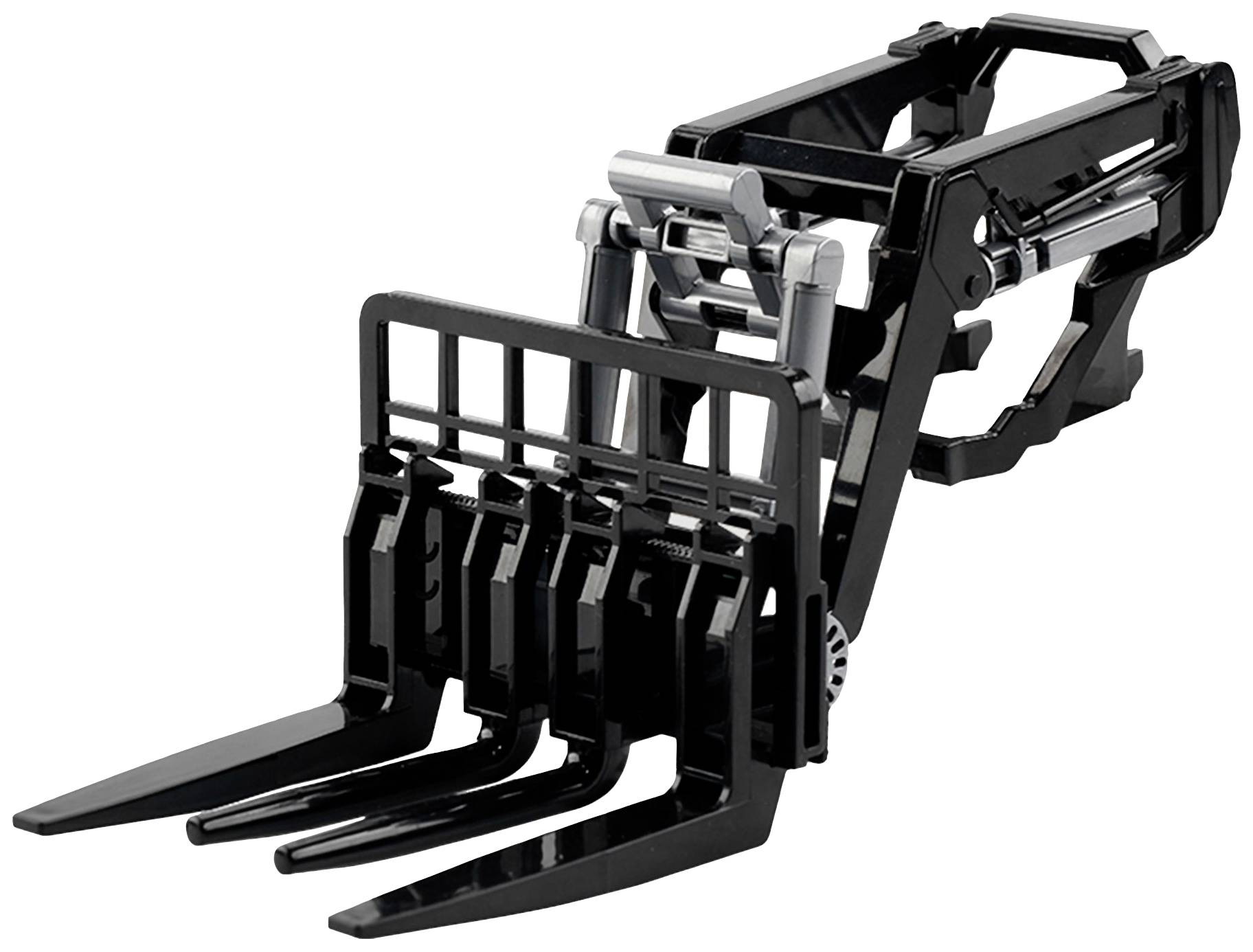 'Speelvoertuig-vork' van zwart kunststof, geschikt voor modellen van graafmachines of tractoren. Stabiele constructie met beweegbare tanden.