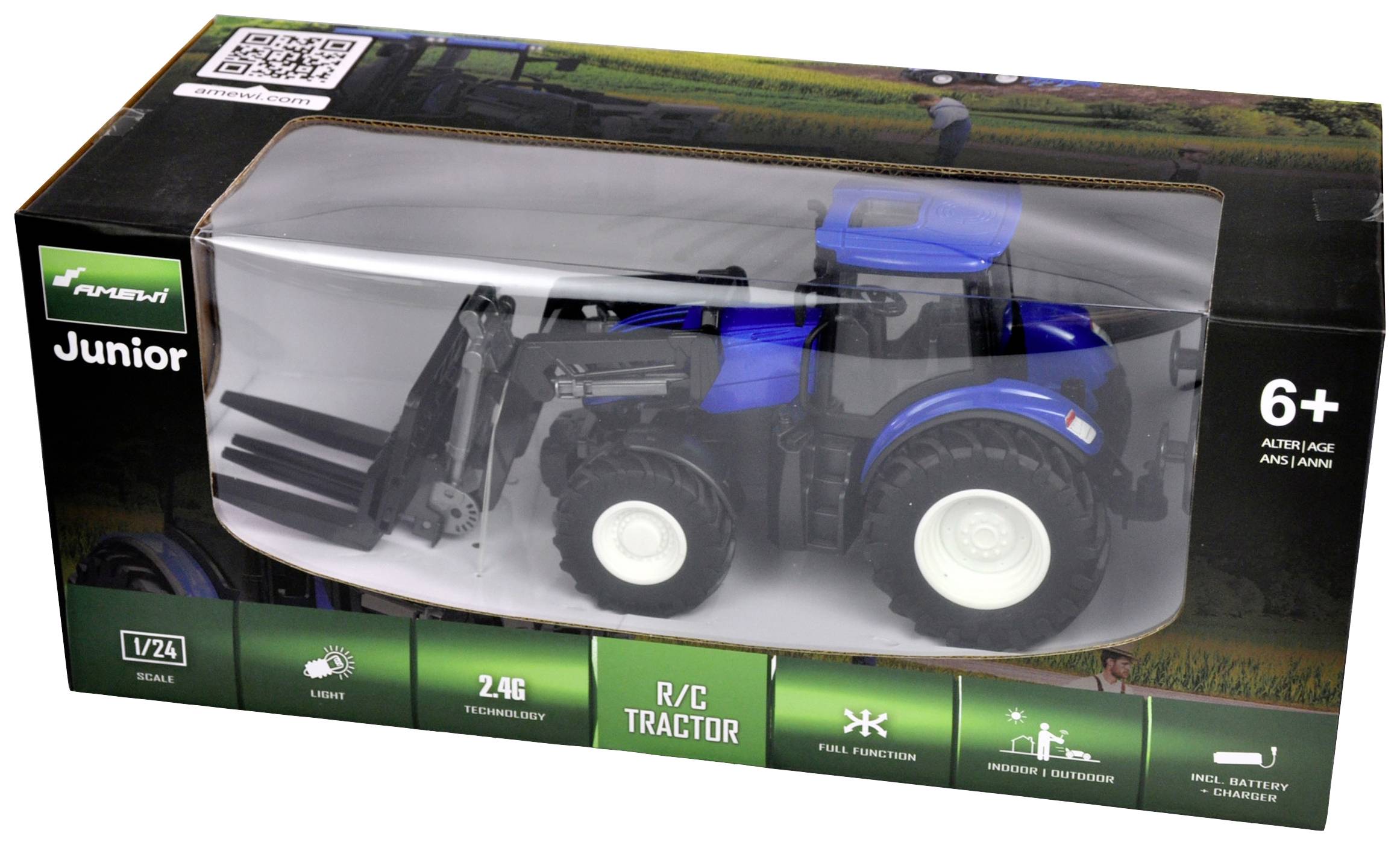Speelgoedtractor in originele verpakking, blauw en zwart, met toebehoren, geschikt voor kinderen vanaf 6 jaar. Schaal 1:24, RC-functie.