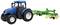 Blauwe tractor met een groen aangehangen werktuig dat grotere wielen heeft. De tractor is geschikt voor landbouwwerkzaamheden.