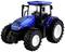 Een blauwe speelgoedtractor met grote zwarte wielen en witte velgen, ideaal voor kinderen om mee te spelen.