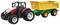 Een rode speelgoedtractor trekt een gele aanhanger. De tractor heeft grote wielen en is gedetailleerd vormgegeven.