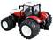 Rode speelgoedtractor met grote zwarte banden en witte velgen, schuin van voren gezien. Geschikt voor kinderen en als verzamelobject.