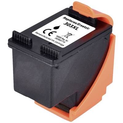 'Zwarte inktcartridge 303XL' met oranje beschermclip, gemarkeerd voor gebruik als vervangcartridge.