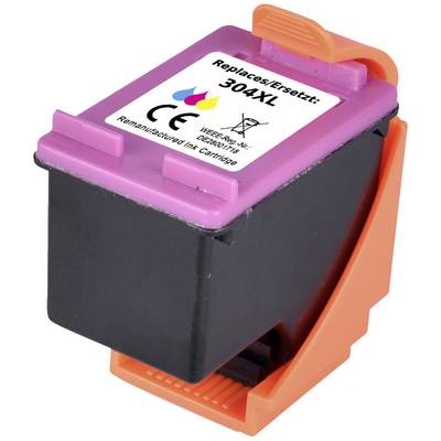 Lila inktcartridge '304XL', vervangt andere modellen. Sticker toont kleurdruppel-symbolen en CE-markering. Geschikt voor specifieke printertypen.