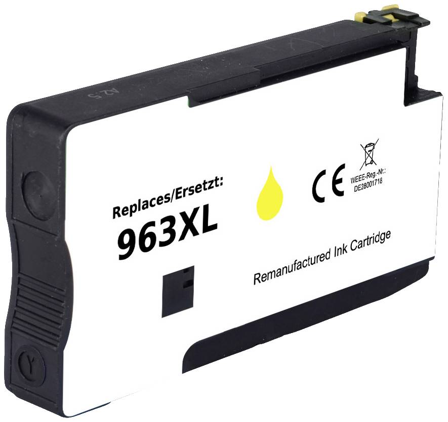 'Zwarte inktcartridge 963XL, vervangt originele cartridge, gereviseerd, met geel druppelsymbool en CE-markering.'