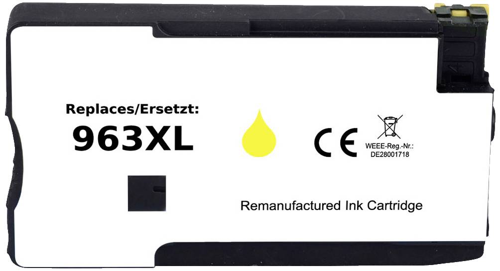 Inktcartridge, vervangt 963XL, met geel druppelsymbool, CE-markering, verwijzing naar gerecyclede cartridge.