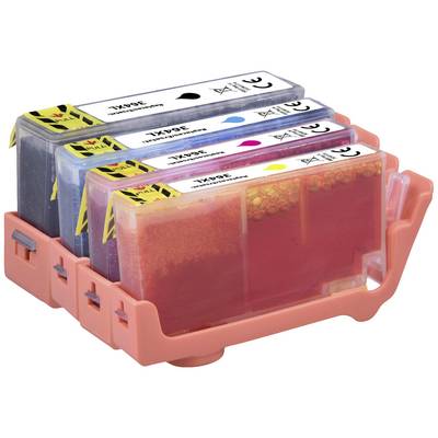 Vier inktpatronen (Zwart, Magenta, Cyaan, Geel) in een oranje houder, elk voorzien van etiketten en vulstandindicatoren zichtbaar.
