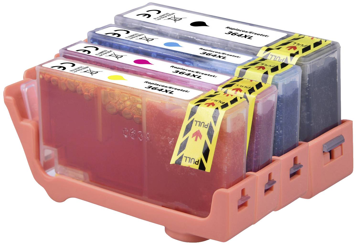 'Drie printercartridges in de kleuren Zwart, Magenta en Blauw in een houder, elk voorzien van een etiket en een pijl om ze uit te trekken.'