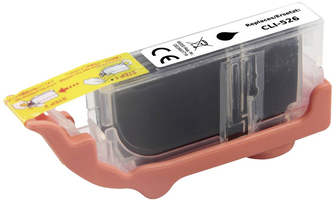 Inktcartridge CLI-526 in het zwart, compatibel met bepaalde printermodellen. Transparante plastic hoes met etiket en veiligheidsinstructies.