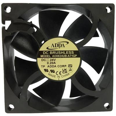 Ventilator van ADDA, model AD0824UB-A71GP, 24V, zwart, borstelloze motor; vierkant ontwerp met acht rotorbladen.