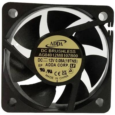 Een zwarte, vierkante ventilator met een centrale sticker die de technische specificaties vermeldt: 'DC 12V, 0.08A, Made in China'.
