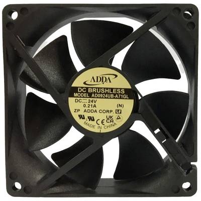 Ventilator voor elektronische apparaten, zwarte behuizing, met geel etiket: 'ADDA DC Brushless 24V, Model AD0924UB-A71GL'.