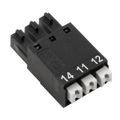 Een zwarte stekker met vier witte pinnen, gemarkeerd met '14', '11' en '12'.