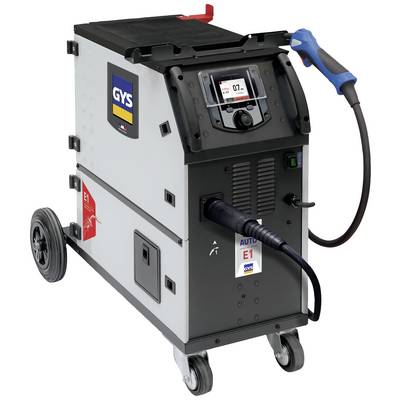 Mobiele lasapparaat met wielen, twee kabels en digitaal display. Geschikt voor werkplaatsen voor het verbinden van metalen onderdelen.