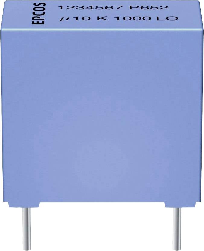 Blauwe, rechthoekige elektronische condensator met twee metalen aansluitingen onderaan. Opschrift bovenaan toont technische specificaties.