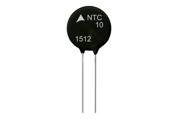 Een NTC-thermistor met twee metalen pinnen. Op het onderdeel staat 'NTC 10' en '1512'.