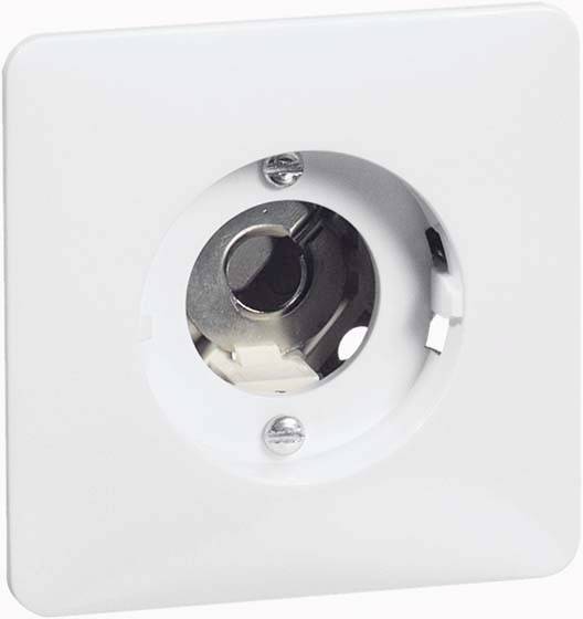 Een witte SAT-wandcontactdoos voor het ontvangen van satellietsignalen, geschikt voor wandmontage, met ronde opening voor aansluitkabel.