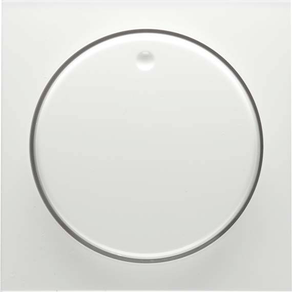 Een heldere, ronde glazen plaat of lens met een kleine, onopvallende punt in het bovenste gedeelte, op een lichtgrijze achtergrond.