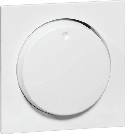 Een witte draaiknop op een lichtschakelaar, gemonteerd op een platte vierkante plaat, typisch ontwerp voor dimmer-schakelaars.