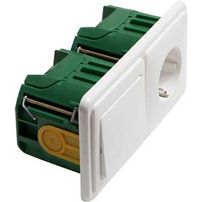Dubbelschakelaar met een wit frame, groen binnenwerk en een geel element. Zijaanzicht toont het stopcontactgedeelte rechts.