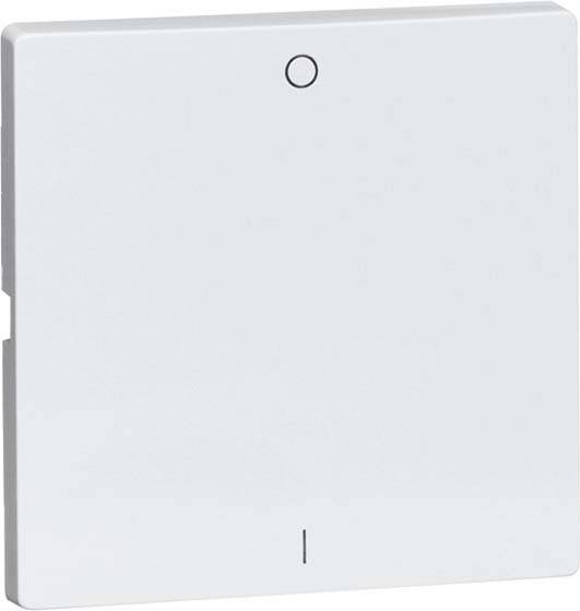 Een vierkadrige, witte lichtschakelaar met een kleine cirkel aan de bovenste rand en een streep onderaan ter aanduiding van de posities.