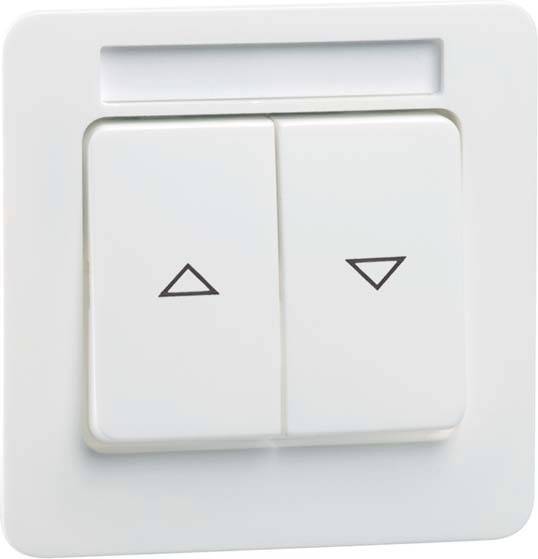 Een tweevoudige drukknop aan de muur met pijl-omhoog en pijl-omlaag symbolen, vermoedelijk voor jaloezie- of lichtbediening.