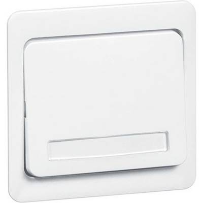 Een vierkante, witte lichtschakelaar aan een muur, licht ingedrukt.