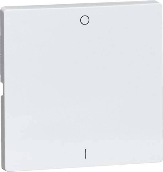 'Vierkante, witte afdekplaat voor lichtschakelaar met een kleine cirkel bovenaan het oppervlak.'