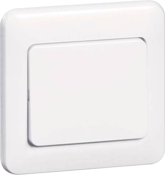 Witte lichtschakelaar in de uit-stand, rechthoekig met afgeronde hoeken, gemonteerd op een gladde witte muur.