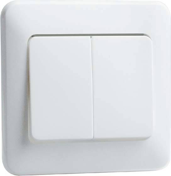 Een witte dubbele schakelaar aan een muur, vaak gebruikt voor het bedienen van verlichting of elektrische apparaten.