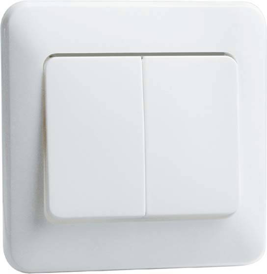 Een witte dubbele schakelaar aan de muur, geschikt voor het in- en uitschakelen van lampen of apparaten in een ruimte.
