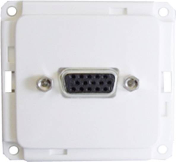 Een witte VGA-wandcontactdoos met een 15-polige aansluiting in het midden.