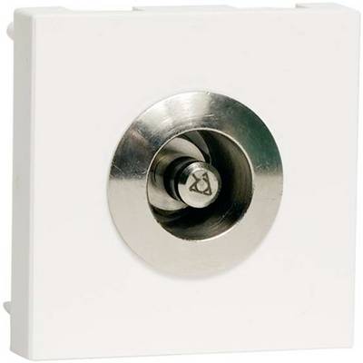 Witte afdekplaat met een centrale, ronde metalen opening; wordt vaak gebruikt als aansluitpunt voor coaxkabels in televisietoestellen.