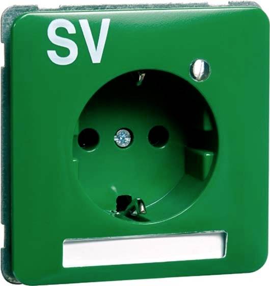Groene stopcontact met de tekst 'SV', kenmerkend voor speciale toepassingen of noodstroomvoorziening.