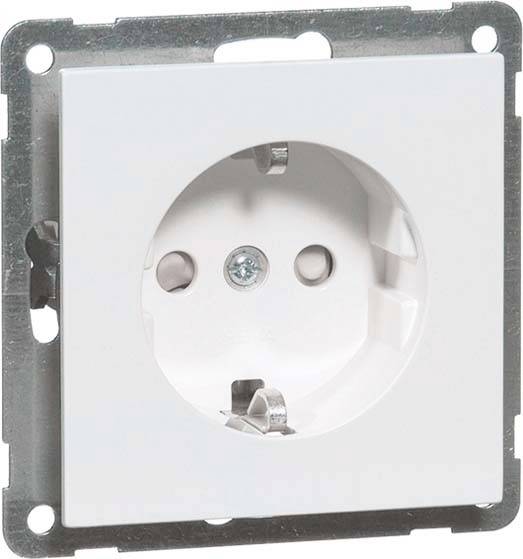 Witte wandcontactdoos met randaarde en metalen frame, geschikt voor standaard elektrische aansluitingen in Europa.