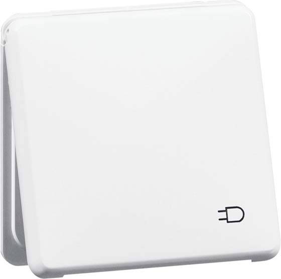 Een witte, vierkante schakelaar met een klein stekker-symbool in de rechterbenedenhoek op een witte ondergrond.