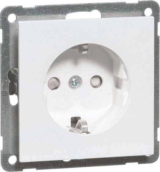 Witte wandcontactdoos met rechthoekig frame en ronde inzet, geschikt voor standaard elektrische stekkers.