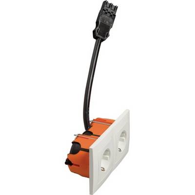 Een oranje en witte stekkerdoos voor inbouw, met een zwart aansluitkabel.