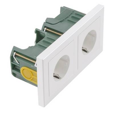 Twee elektrische stekkerdozen in een witte kunststof behuizing, gezien vanaf de zijkant. Neutrale achtergrond.