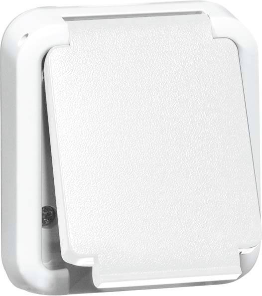Witte, vierkante buitenstopcontact met deksel, gemonteerd aan een muur. Geschikt voor gebruik buitenshuis om elektrische apparaten aan te sluiten.